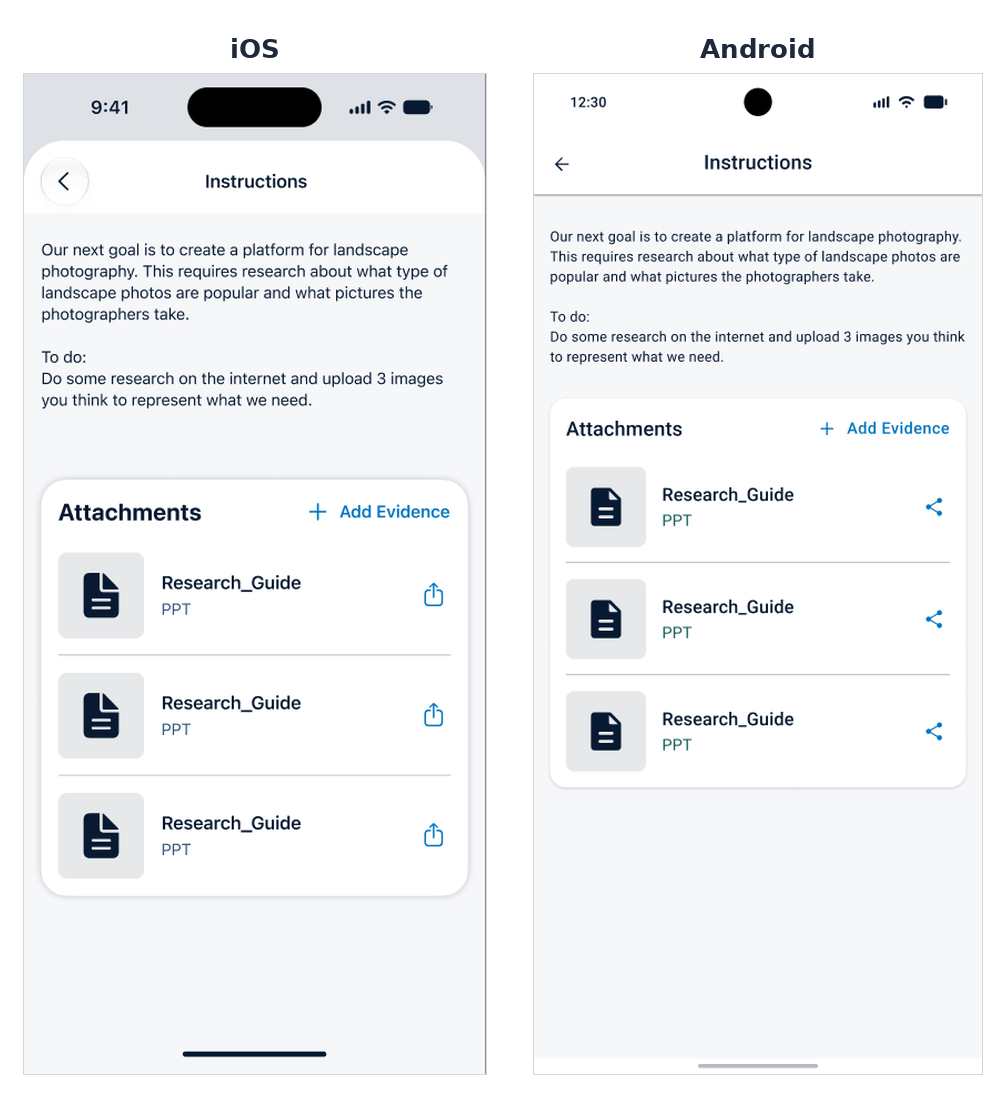 Instructions view on iOS and Android with the approver's guidance and attached materials
