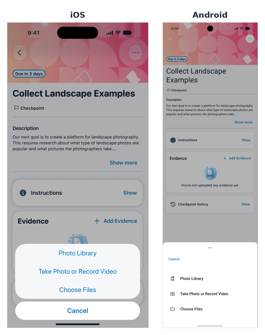 Add Evidence options on iOS and Android: Photo Library, Take Photo or Record Video, and Choose Files