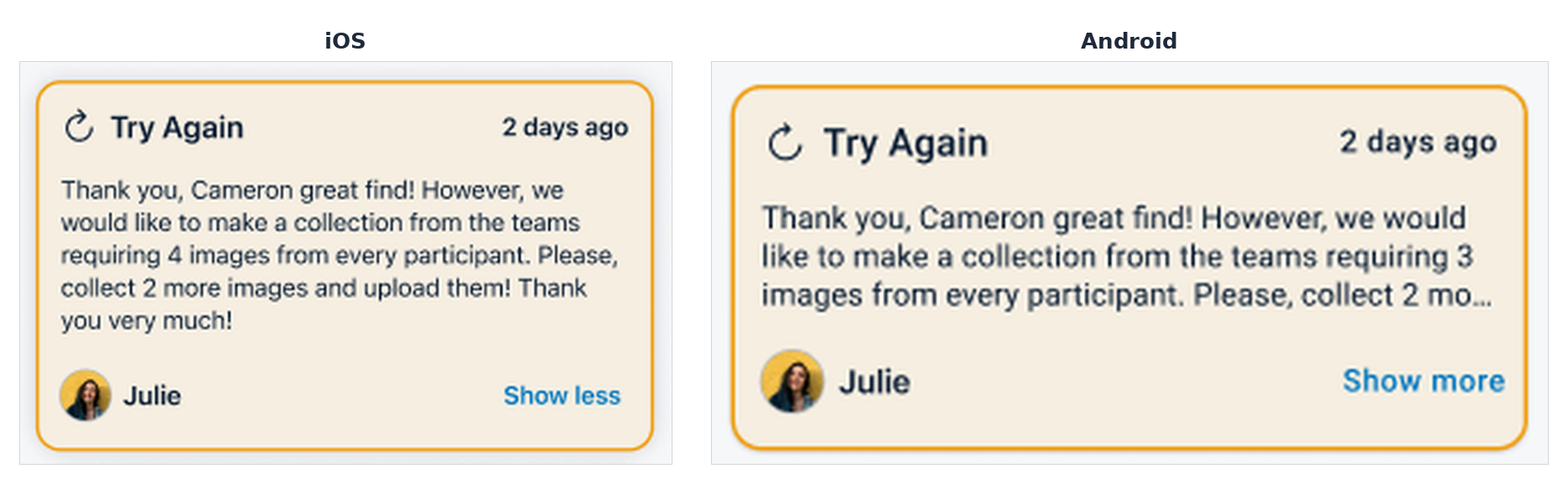 Try Again feedback bubble on iOS and Android with the approver's message