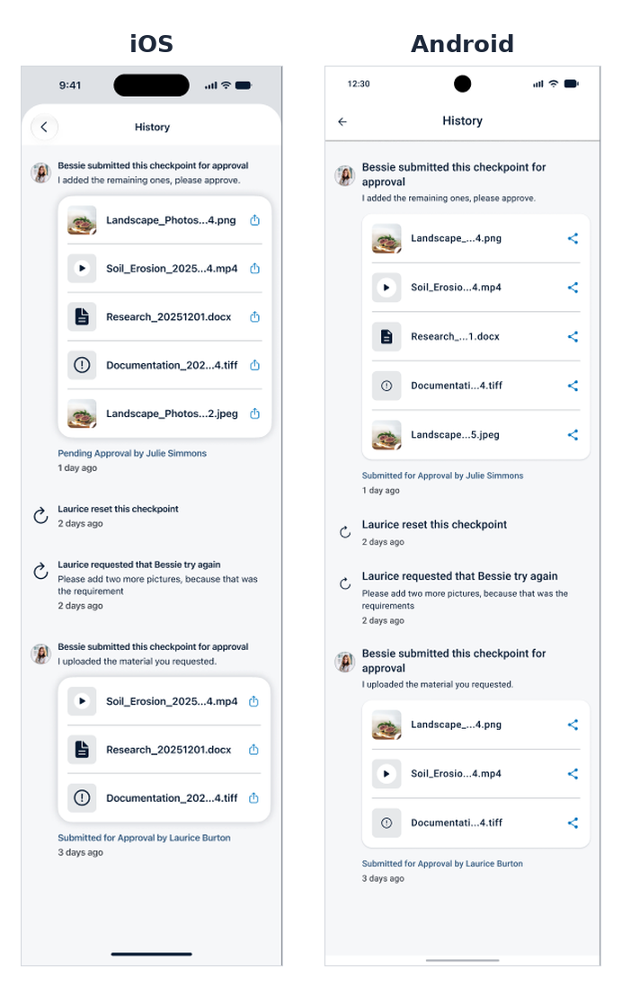 Checkpoint History on iOS and Android showing submissions with their evidence, a Try Again request, a reset, and the current approver