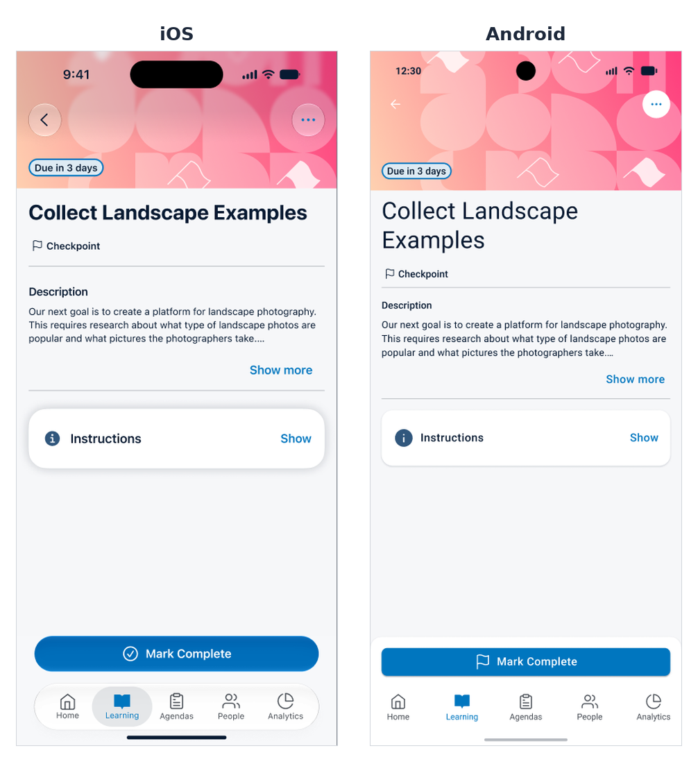 Checkpoint Detail page on iOS and Android for an enrolled checkpoint that needs no evidence or approval, with Mark Complete at the bottom