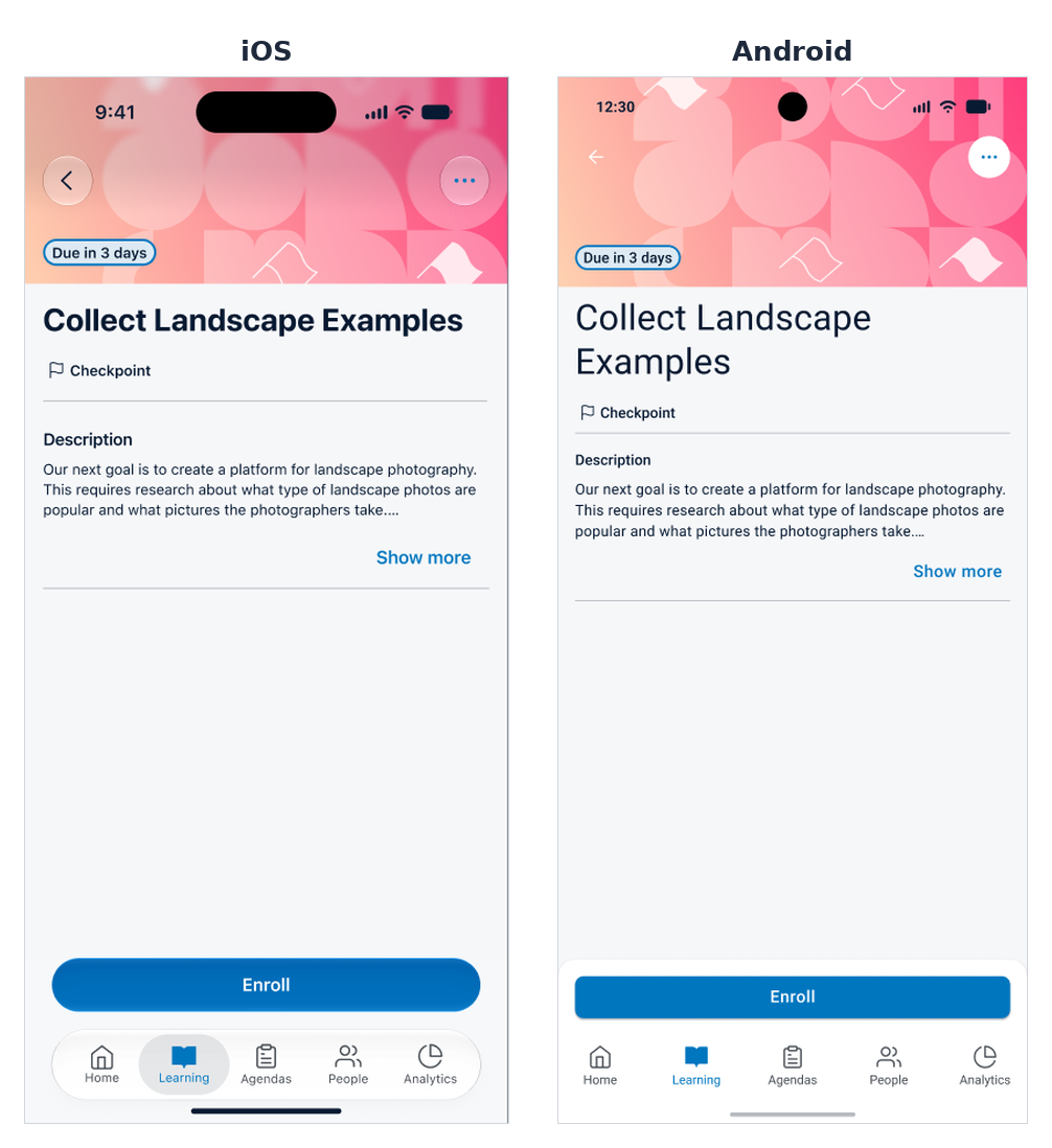 Checkpoint you're not enrolled in on iOS and Android, opened from the Learning Library, with Enroll at the bottom