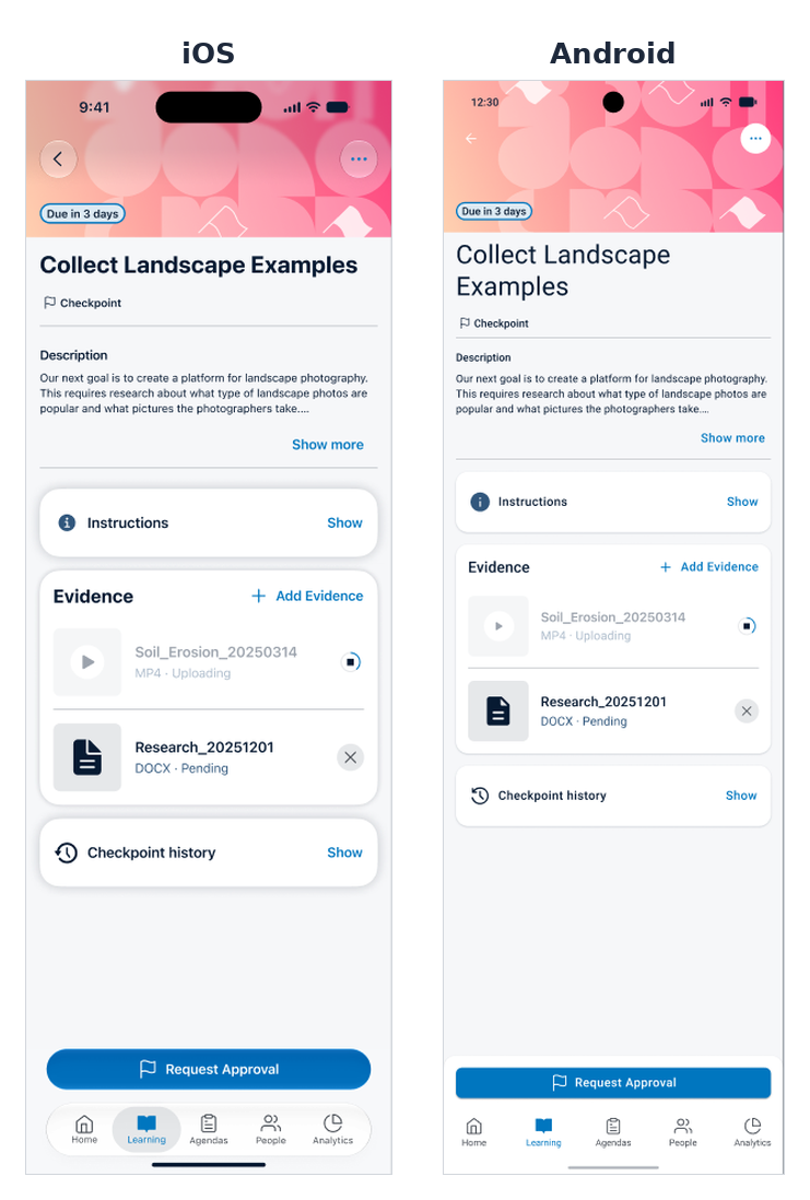 Evidence widget on iOS and Android with a video uploading and a stop button, plus a pending document with a remove button